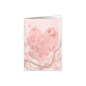  100th Birthday Card, Pink Floral, Heart With Butterflies 