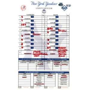 Yankees at Rays 9 02 2008 Game Used Lineup Card (MLB Auth)   Game Used 