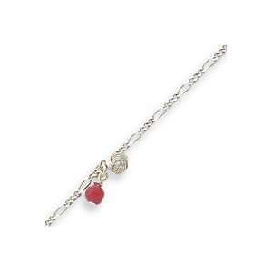   Silver 9 Inch Polished Strawberry Quartz Beaded Figaro Anklet   9 Inch