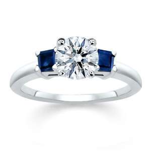 1.55 CT ROUND DIAMOND W PRINCESS BLUE SAPPHIRE RING 18K 