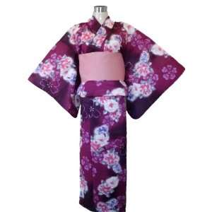  Kimono Yukata Purple & Cherry Blossom Flowers + Obi Belt 