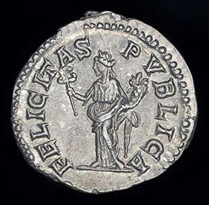 An ancient Roman silver denarius coin of the Emperor Septimius Geta 