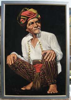 VTG 1964 Original Oil Painting on Black Velvet Portrait Elder Man 