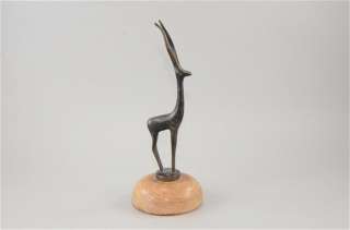 Minimalist Brass Sculpture Figurine of Ibex Goat on Wood Pedestal 