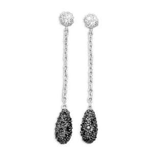  Rhodium Plated Black and Clear Cz Dangle Silver Earrings 