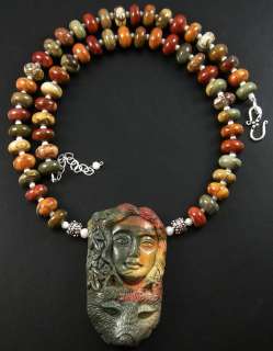 NATURAL RED CREEK JASPER BEAUTY WOLF PENDANT RONDEL BEAD NECKLACE 