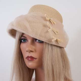 Vtg Cream Ivory STRAW Buff Netting Lace Top Cloche Bell Hat   Union 