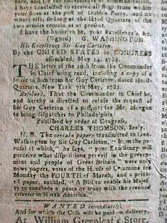 1782 Revolutionary War newspaper GEORGE WASHINGTON letter as Commander 