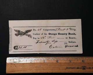1834 Handwritten OTSEGO CO. BANK Cooperstown NY Check *  