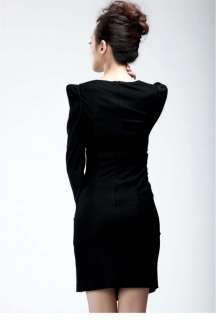 Black V Neck Long Sleeve Ruched Pleated Sheath Dress Sz M L  