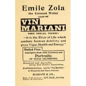 1895 Ad Vin Mariani Health Wine Tonic Writer Emile Zola   Original 