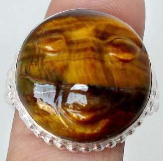size 7 BROWN TIGERS EYE FULL MOON FACE CARVING 925 SILVER ARTISAN RING 