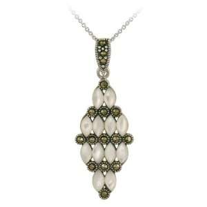    Silver Marcasite and Mother of Pearl Cluster Necklace Jewelry
