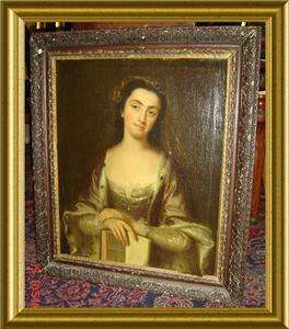 ANTIQUE ENGLAND LADY PORTRAIT WITH BOOK Lewis Theobald Shakespeare OIL 
