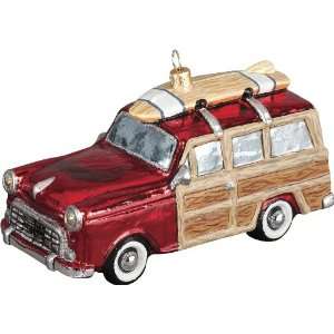 WOODY CAR with Surf Board Retro 1950s style Glass Ornament Glitter 