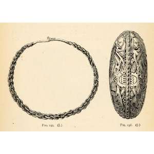 1882 Woodcut Gold Necklace Jewelry Chain Archaeological Denmark Viking 