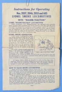 Lionel Nos. 2037,2046,2055 and 685 Smoke Locomotives Instructions 