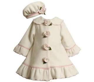   Toddler Girls Ivory Fleece Rose Fall Winter Coat & Hat Set 24M  