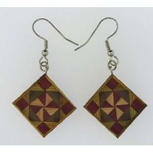 Quilt Pattern Wooden Dangle Earrings Square Within Squares Quilt Block 