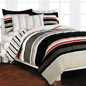  Nautical Stripe Gray Red Black Queen Comforter Set (7pc 