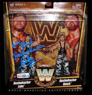 WWE LEGENDS BUSHWHACKERS FIGURES SIGNED BY LUKE WITH EXACT PROOF. WWF 