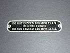 Aeronca 7DC, C85 DO NOT EXCEED 100MPH Placard, P/N 1 2954