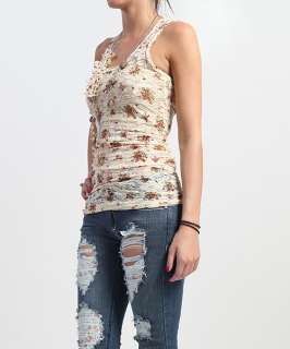 MOGAN Floral SHEER LACE Ruched RACER BACK TANK w/Necklace Sleeveless 