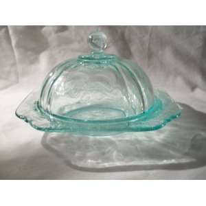  Vintage Federal Glass Green Madrid Covered Butter Dish 