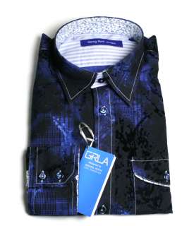   Dress Casual shirt Long Sleeve Woven flocked plaid blue 3061  