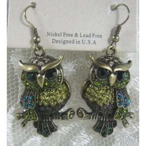 Wild Life Owl with Green crystals earrings