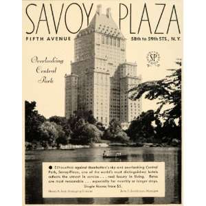 1934 Ad Savoy Plaza Hotel Central Park Tour Travel   Original Print Ad