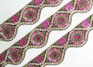 Yd Cut Work Pink Hand Beaded Trim Ribbon Gold Sequin  