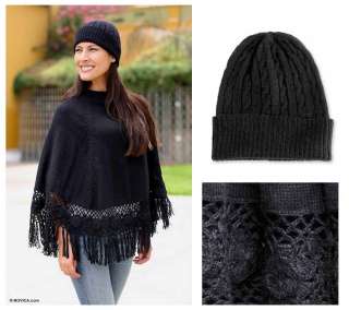 Black Alpaca Wool Blend Crocheted Poncho & Hat Set Peru  