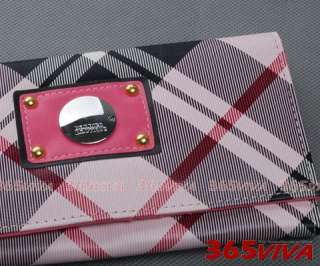 B687 Black and Pink Checkers Grid Lady Women Girl Long Wallet Purse 