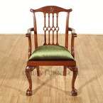 Solid Mahogany Walnut Finish Chippendale Green Velvet Dining Chairs (8 
