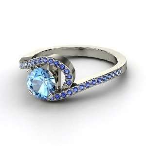 Wave Ring, Round Blue Topaz 14K White Gold Ring with 