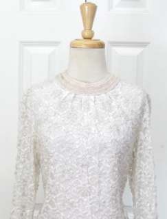 Vtg 60s White Lace Pearl Beaded Party Evening Shift Dress Sz M  