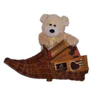   Springtime Cornucopia with Teddy Bear & Godiva Chocolates Gift Basket