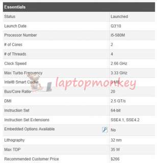 INTEL mobile i5 580M 3.33GHZ 3M Q4QG fasterthan 540M  