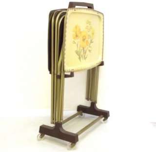 Shabby Chic Vtg 70s 60s Yellow Flowers 3 TV Trays Set & Wheeled Stand 