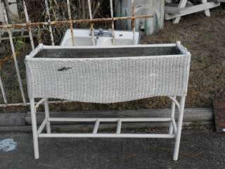 VINTAGE WHITE WICKER PLANTER STAND WITH METAL INSERT  