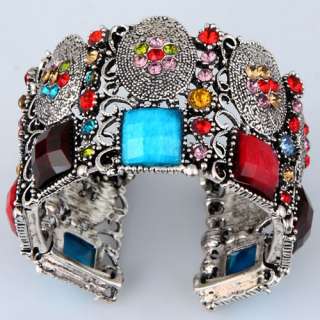 vintage enthnic tibetan silver cuff bracelet w/ colorful agate bead 