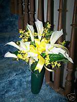   Tombstone Urn Vase for Headstone White Calla lilly Yellow Ribbon