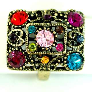 r8340 Sz 10 Copper Multicolor Gemstone CZ Diamante Square Ring Fashion 
