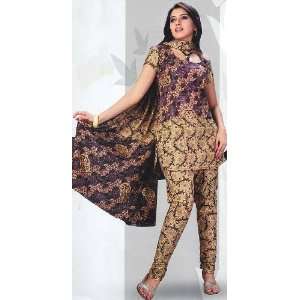   Salwar Kameez Fabric with Golden Painted Paisleys   Pure Cotton