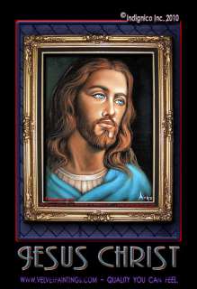 Mexican BLACK VELVET PAINTING of Blue Eyed JESUS CHRIST  