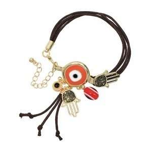  Style Golden Hamsa Hand Bracelet with Red Evil Eye   Brown Wax String