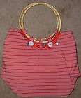 OLD COUNTRY ROAD RED STRIPED PURSE HANDBAG BAMBOO HANDLES BUTTONS 