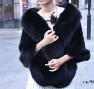 Evening/wedding fur cape shawl rex rabbit+fox fur black  