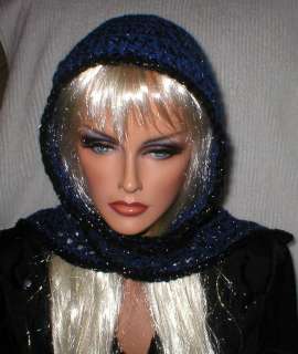 Crochet Women Teens Royal Blue Black Silver Metallic Scoodie Hooded 